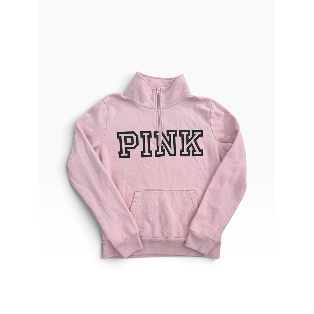 PINK Victoria's Secret 1/4 Zip Pullover Women Small Pink Fair Logo Graphic GUC